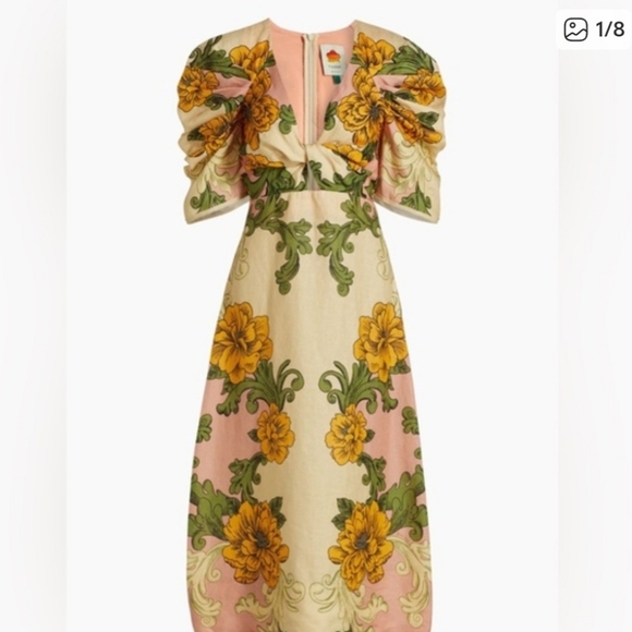 ✅ Farm Rio Linen Floral Arabesque Puff Sleeve Midi Dress – XSmall - Picture 8 of 16